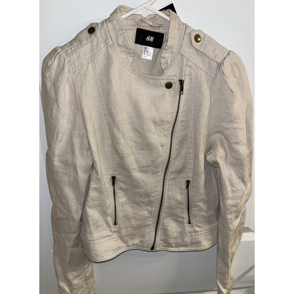 H&M Womens Jacket Moto Style Size 10 Beige Linen Cotton Blend Zip Pockets - Picture 4 of 6